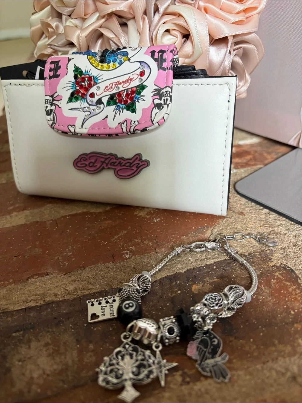 Ed Hardy White Wallet with Pink Floral Accent w/ Unbranded silver charm bracelet